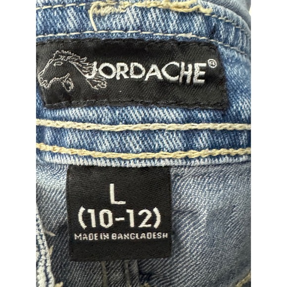 Y2K Jordache Girls Denim Overalls Shorts Size‎ L (10-12) Embroidered Distressed - Picture 6 of 7